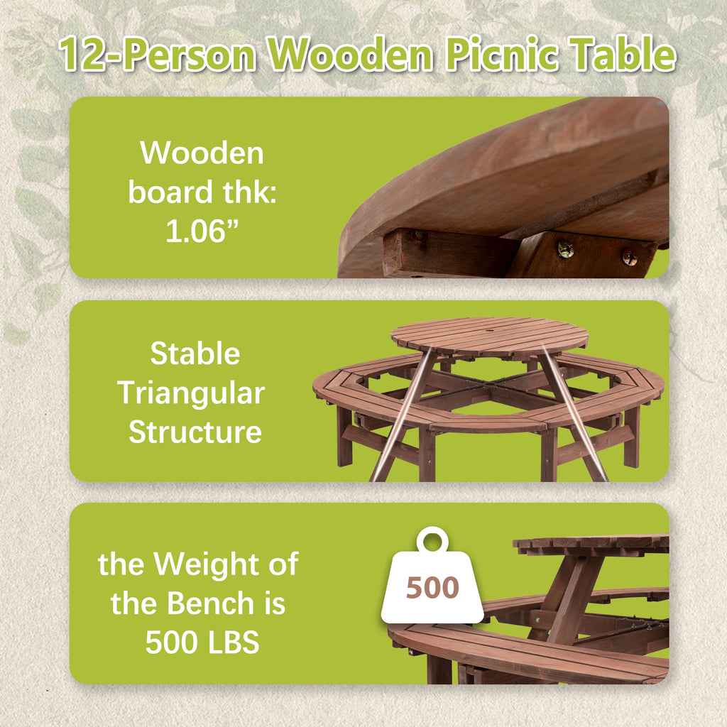 Solid Wood Round Outdoor Picnic Table Set with Fully Enclosed Built-in Curved Benches, Outdoor Patio Dining Furniture Equipped with Umbrella Hole - Macgyverzoutpost