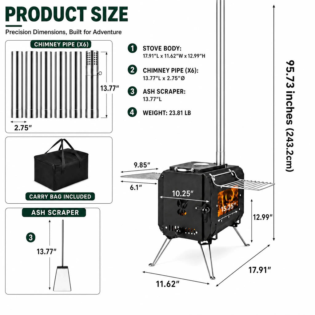 Large Hot Tent Stove with Wide Base, Portable Wood Burning Camping Stove