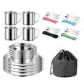 1 Set Stainless Steel Camping Tableware Kit Portable Dinner Set Bowls Plates Cups Forks Spoons Knives for 4 People Outdoor Camping