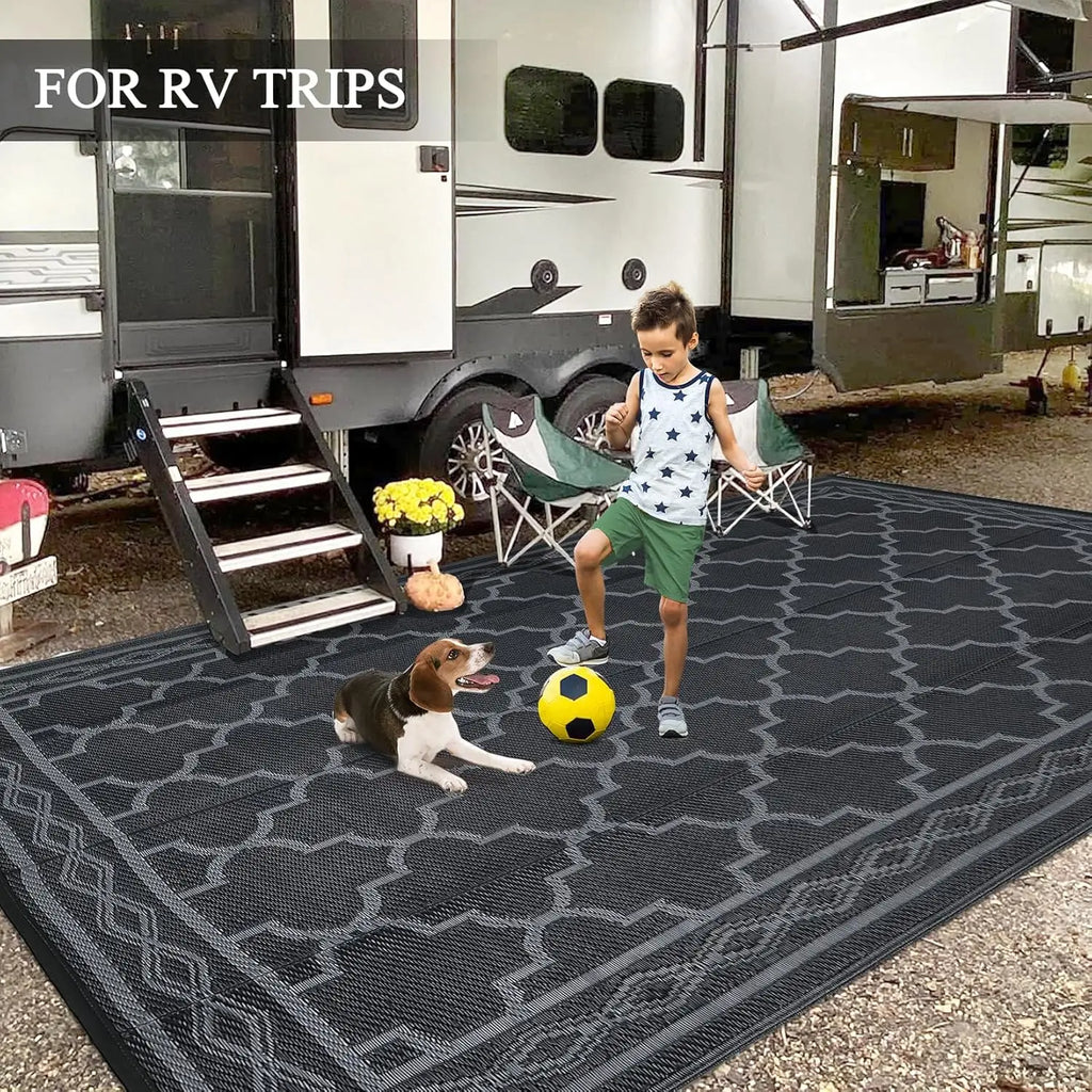9x18 Reversible Outdoor Area Rug – Waterproof Lightweight Plastic Mat for  Camper & Backyard, Black/Grey