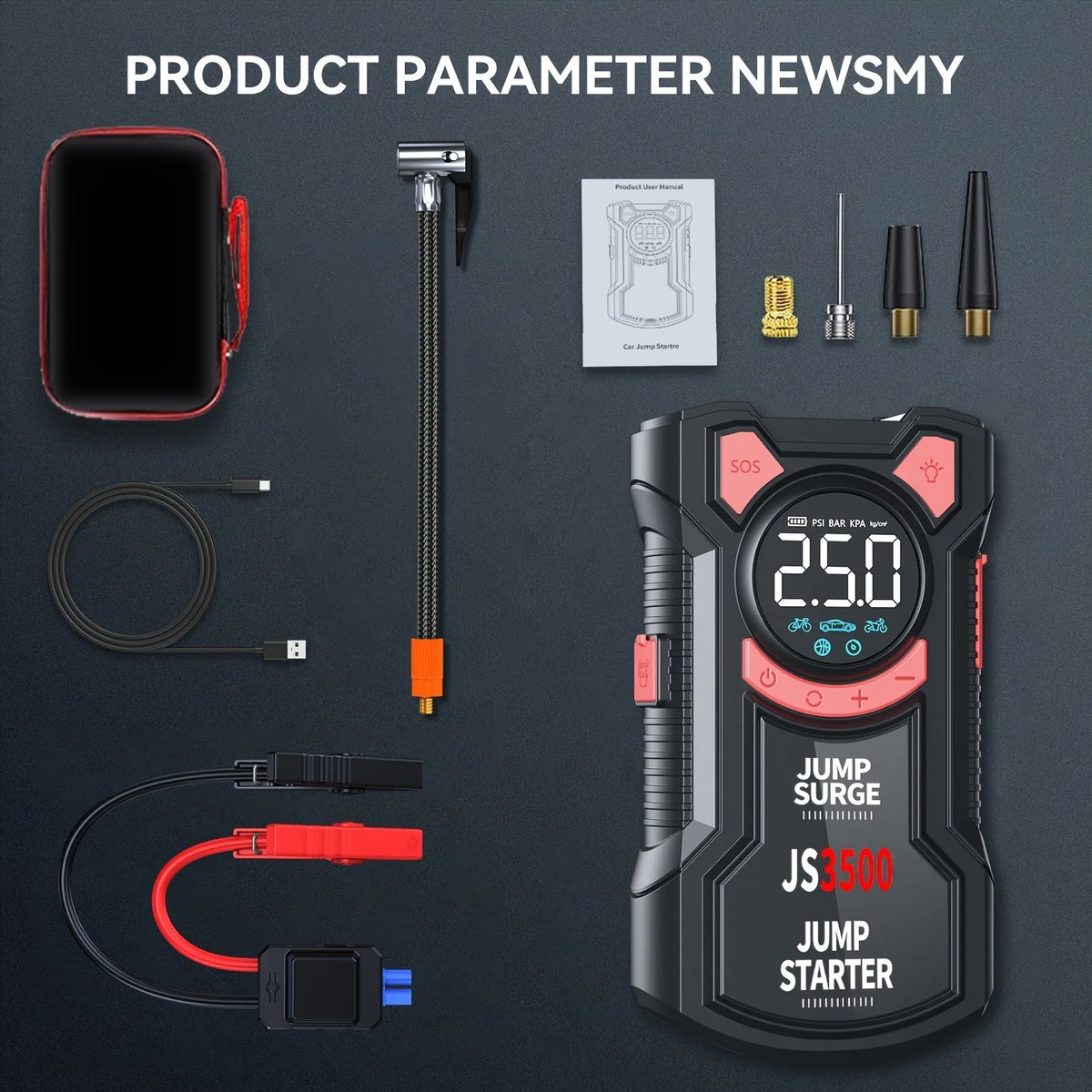 5-in-1 Jump Starter with Air Pump 3000A Peak Starter Box 150PSI Battery Pack with Digital Tire Inflator Car, Boat, Generator etc. - Macgyverzoutpost