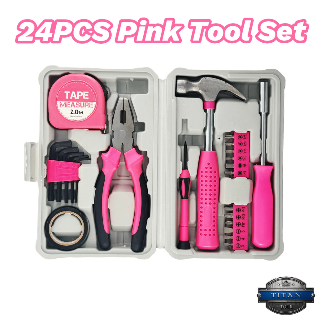 Pink Tool Set  | 24-Piece CR-V Alloy Steel Car Repair Tool Kit | Includes l Wrenches/Pliers/Screwdrivers