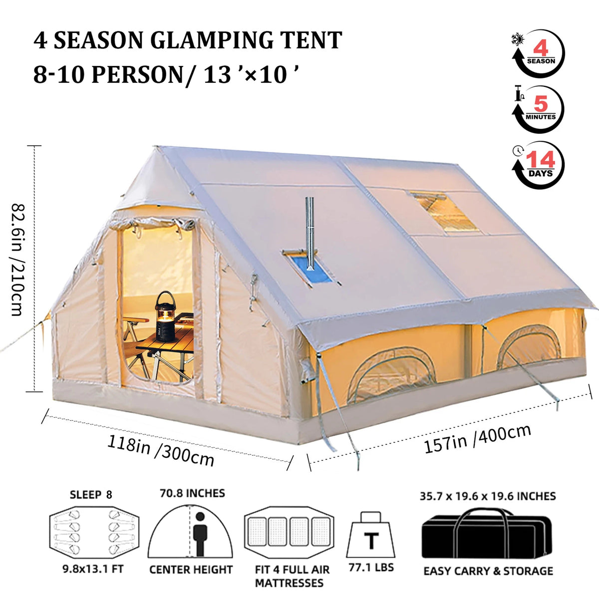 Portable Inflatable Camping Tent 2/4/6/8 Person for Family 420D Oxford Inflatable with Skylight Stove Jack AC Vent Mesh Window - Macgyverzoutpost