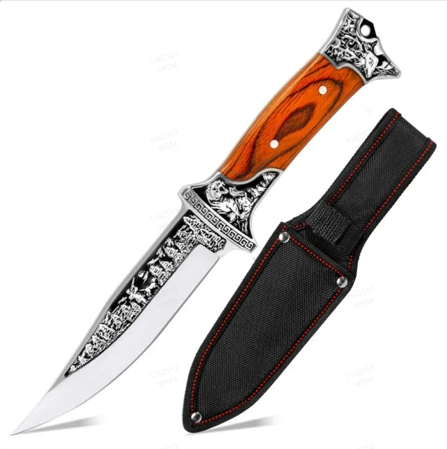 Wood Handle Fixed Blade Utility Knife with Protective Sheath Stainless Steel Outdoor Camping Hiking Picnic Daily Use Accessory