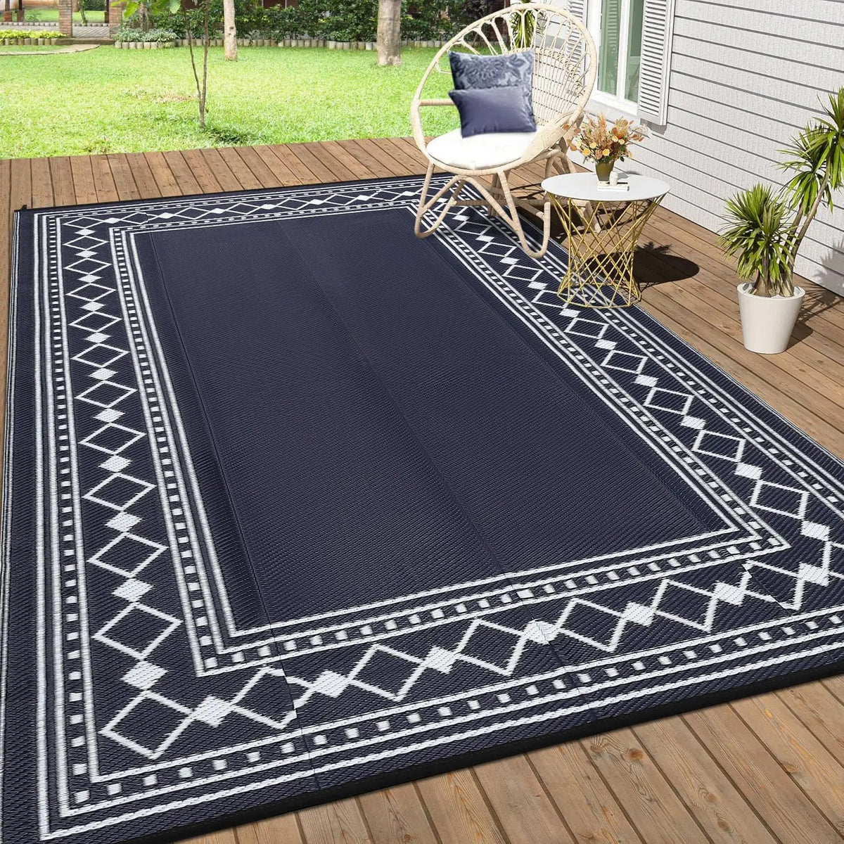 10x20 Large Outdoor Patio Rug – Diamond Border Plastic Straw Rug, Waterproof, Foldable, UV Resistant, Reversible Camping Mat for Deck,