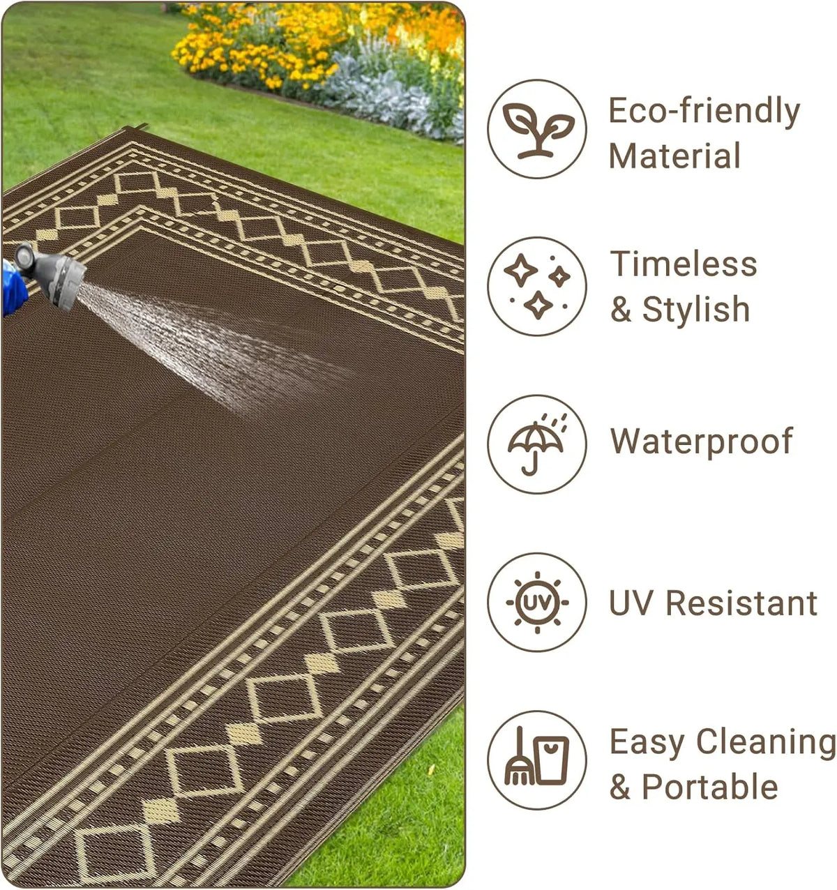 10x20 Reversible Outdoor Rug – Waterproof Plastic Straw Mat, Bordered Geometric Design, Brown/Coffee,