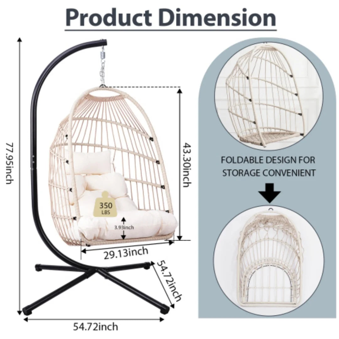 Outdoor Egg Chair with Stand, 350 Lbs Wicker Patio Hanging Chair, Folding Swing Hammock Chair with Cushion