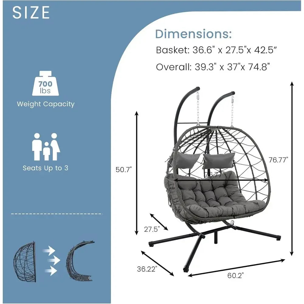 Double Egg Swing Chair with Stand, Outdoor-Friendly Loveseat Hammock, UV-Resistant Cushions, 700 lbs Capacity,