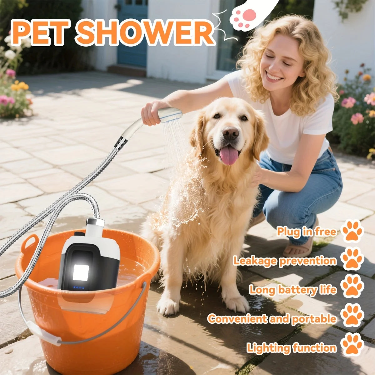 2-in-1 Outdoor Portable Shower, handheld pump with filter, hose, nozzle, suction cup, hook and USB cable,