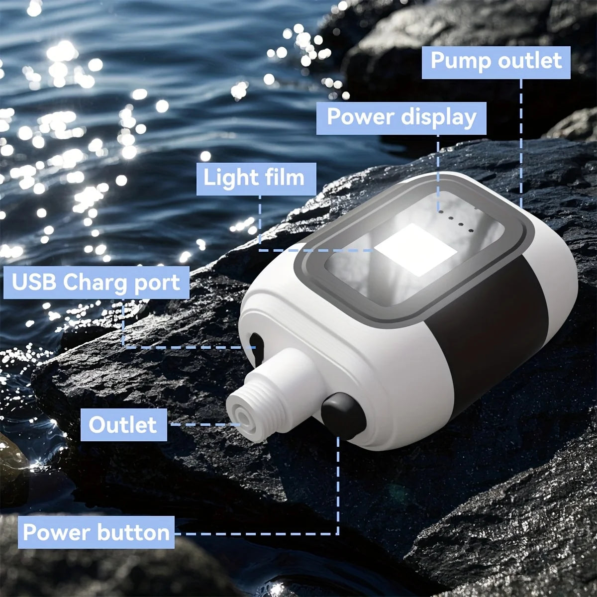 2-in-1 Outdoor Portable Shower, handheld pump with filter, hose, nozzle, suction cup, hook and USB cable,