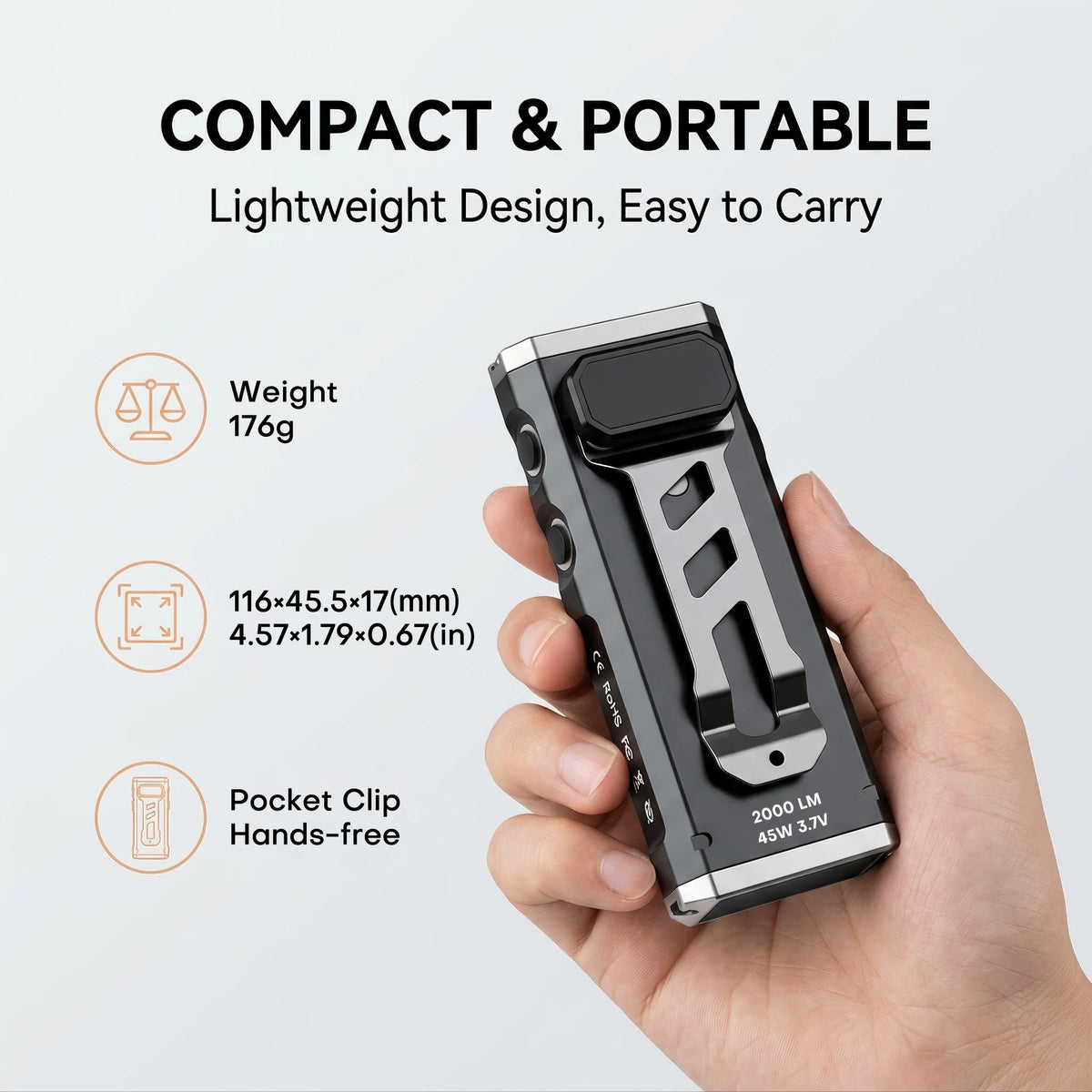 2000LM EDC Bright Flashlight, 11 Lighting Modes, RGB Color Light & Red Light, Magnetic Base, Pocket Clip, Stepless Dimming, Portable Torch