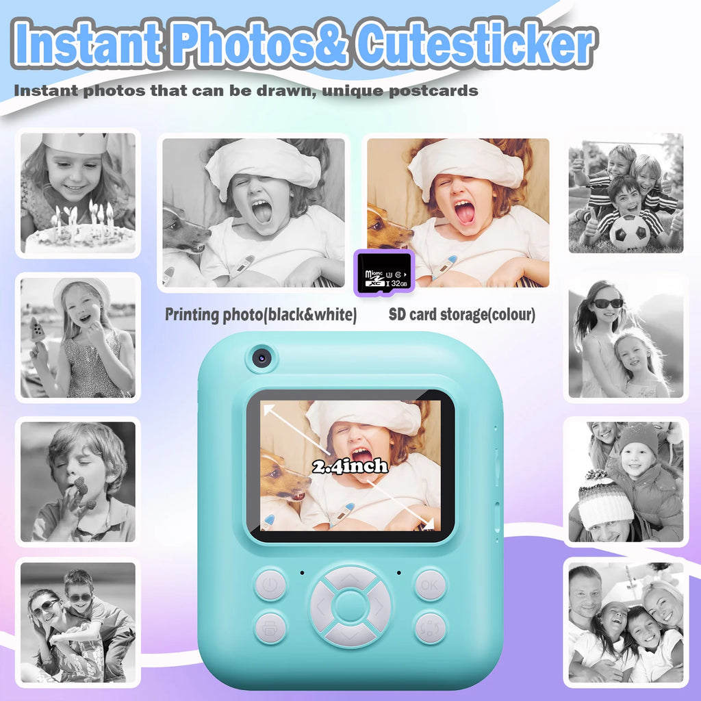 Instant Print Camera Digital Camera With 3 Rolls Print Paper, 1080P HD Ditigal Camera 2.4 Inch Screen, Selfie Video Camera, USB Cable/Color Pen/Bag/ Included, electronics，