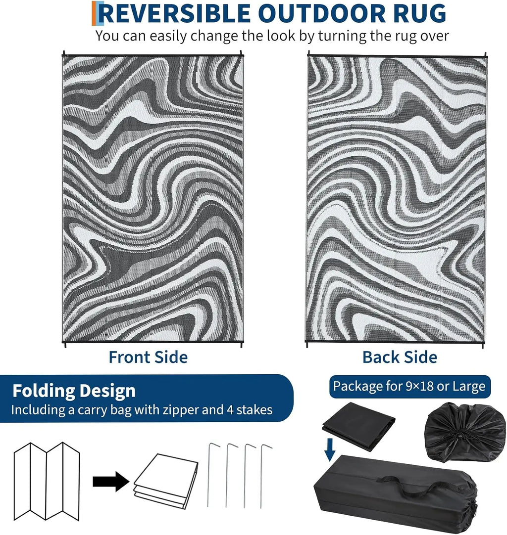 Garvee Waterproof Outdoor Rug 10x14ft Abstract Outdoor Camping Rug with Portable Bag Large Reversible Plastic Straw Foldable Lightweight