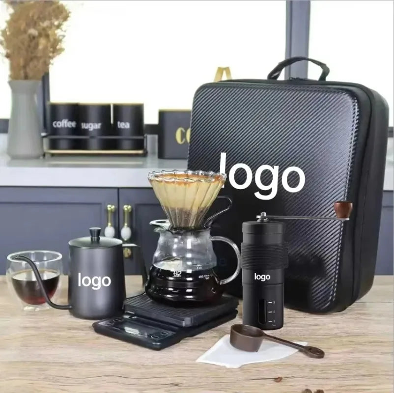 11-13 Pieces Hand Pour Coffee Set 600ML Glass Server Kettle Manual Grinder Digital Scale Portable Travel Coffee Brewing