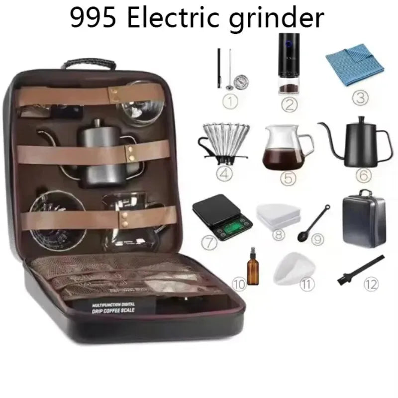 11-13 Pieces Hand Pour Coffee Set 600ML Glass Server Kettle Manual Grinder Digital Scale Portable Travel Coffee Brewing