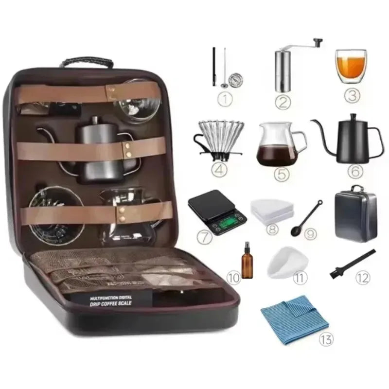 11-13 Pieces Hand Pour Coffee Set 600ML Glass Server Kettle Manual Grinder Digital Scale Portable Travel Coffee Brewing