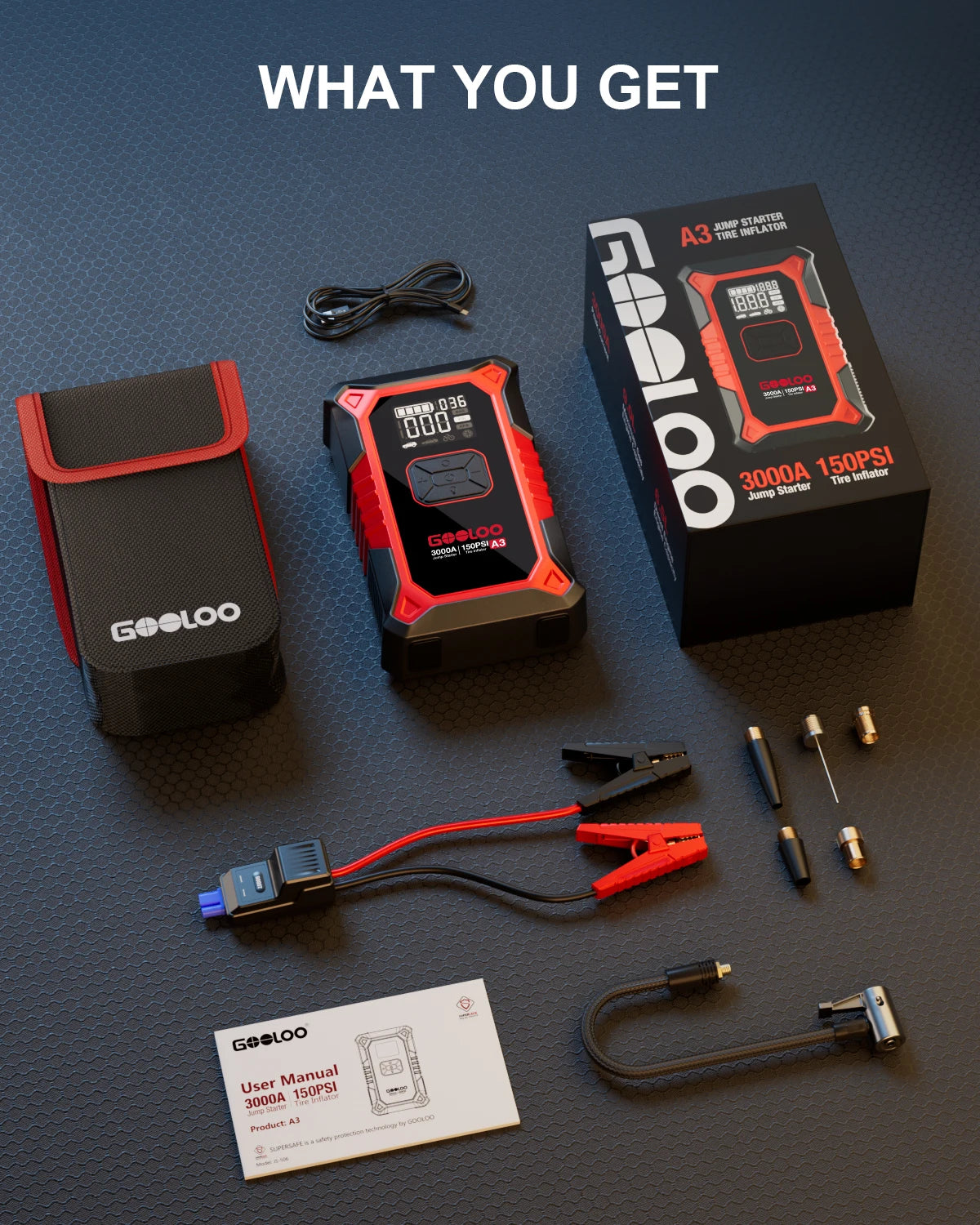 GOOLOO A3 Jump Starter with Air Compressor, 3000A Portable Car Battery Booster (9.0 Gas/6.5L Diesel) with 150PSI Auto-Shutoff - Macgyverzoutpost