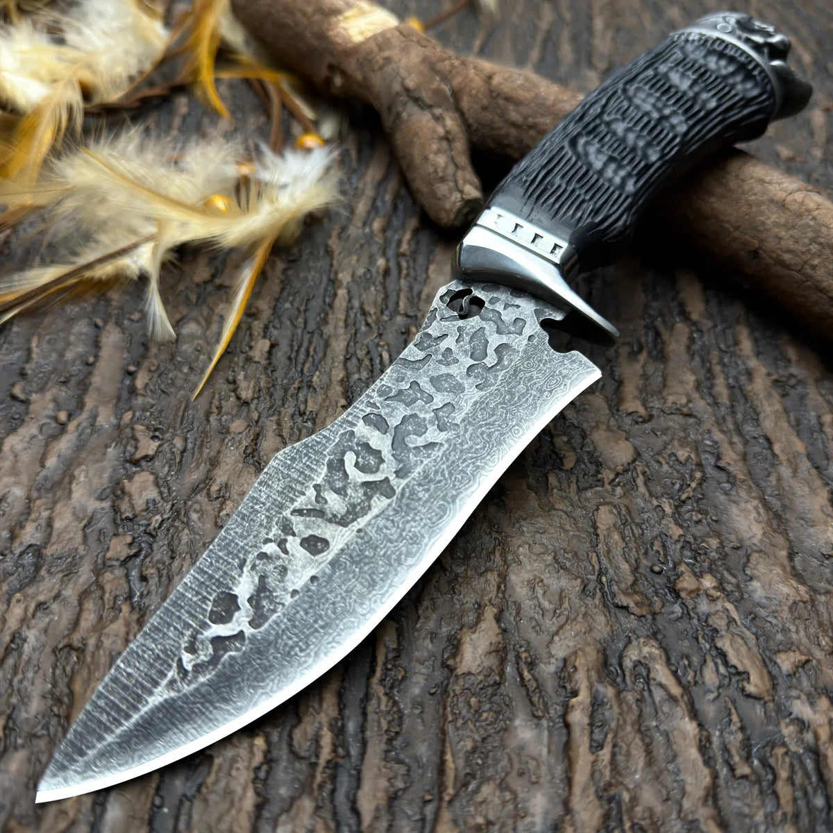 5Cr Stainless Steel Fixed Blade Outdoor Utility Knife, Damascus-Style Pattern, Mirror or Hammered Finish with Protective Sheath