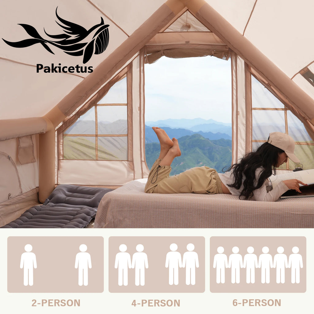 PAKICETUS Large Luxury Inflatable Glamping Tent with Manual Hand Pump, Easy Setup 4 Season Anti-Snow Spacious Family Shelter, Weatherproof Air Tent - Macgyverzoutpost