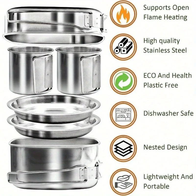 6Pcs Backpacking Camping Cookware Mini Picnic Camping Cooking Mess Kit, Stainless Steel Pots Pan Plates Set for Hiking, Backpacking, Bushcraft and Picnic, Camping, Included Carry Bag