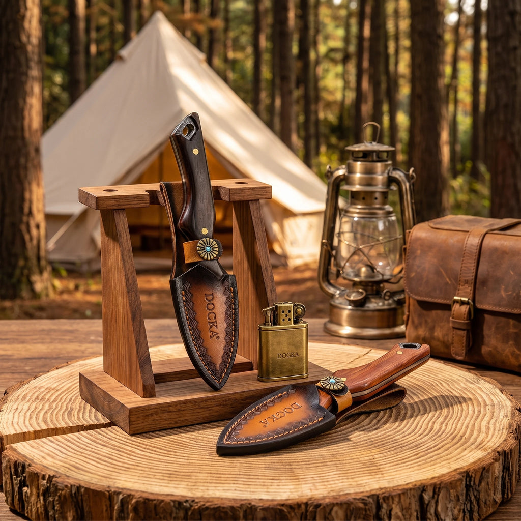 Damascus Pattern Fixed Blade Utility Knife with Solid Wood Handle Portable Outdoor Camping Picnic Cutting EDC Gear with Handmade Leather Sheath 2 Styles