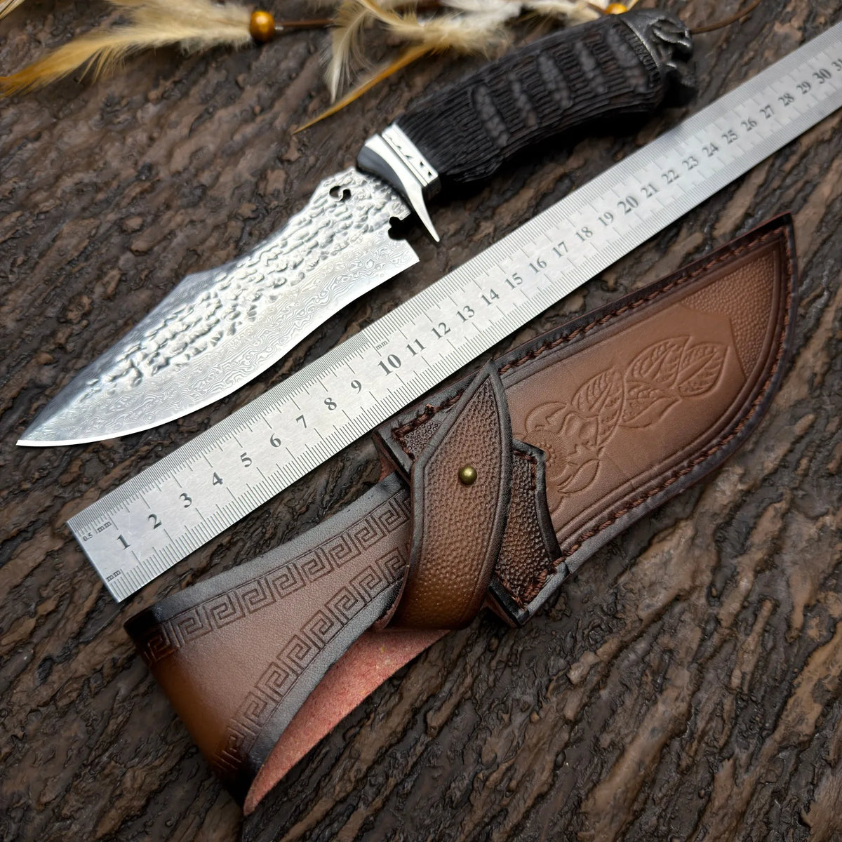 5Cr Stainless Steel Fixed Blade Outdoor Utility Knife, Damascus-Style Pattern, Mirror or Hammered Finish with Protective Sheath