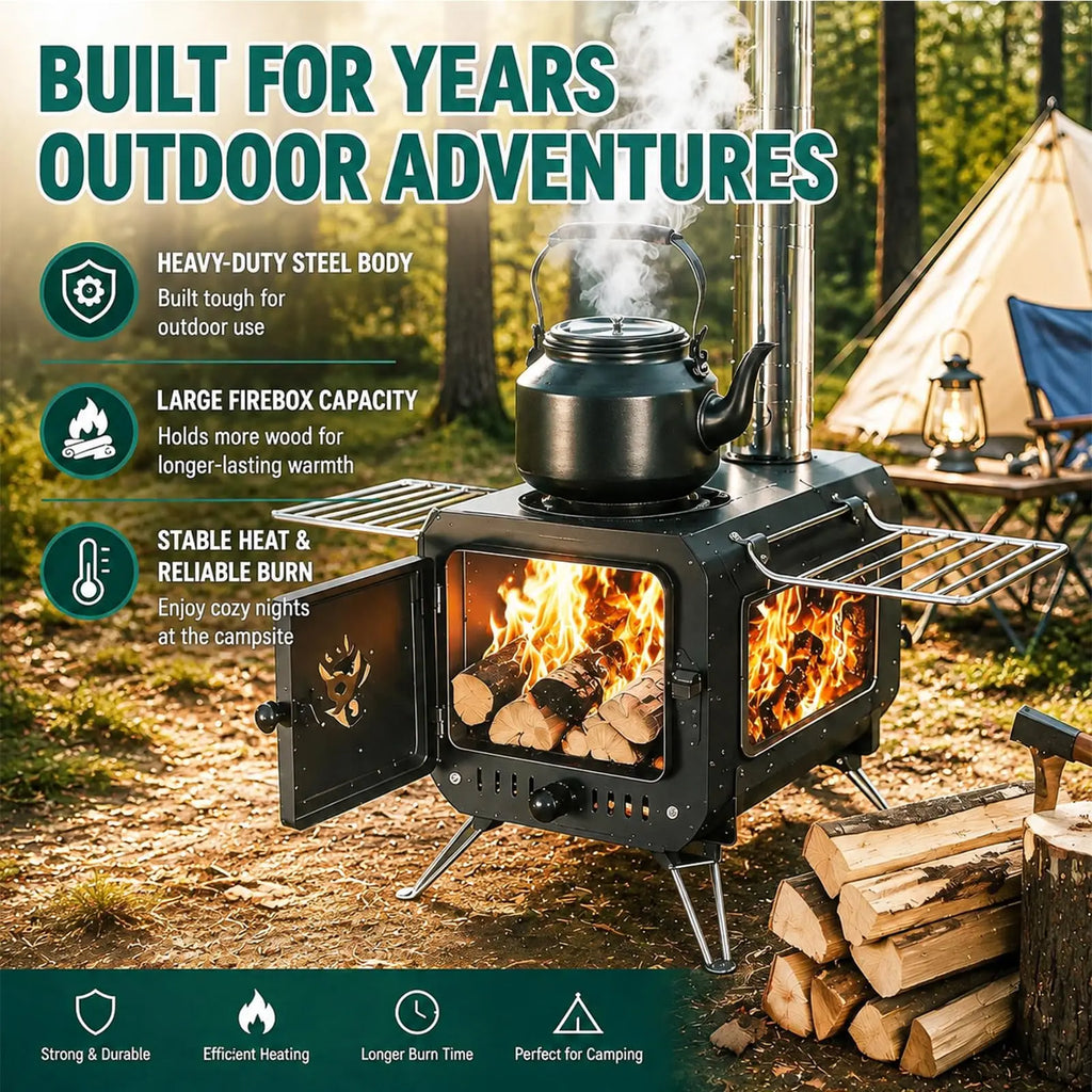 Large Hot Tent Stove with Wide Base, Portable Wood Burning Camping Stove