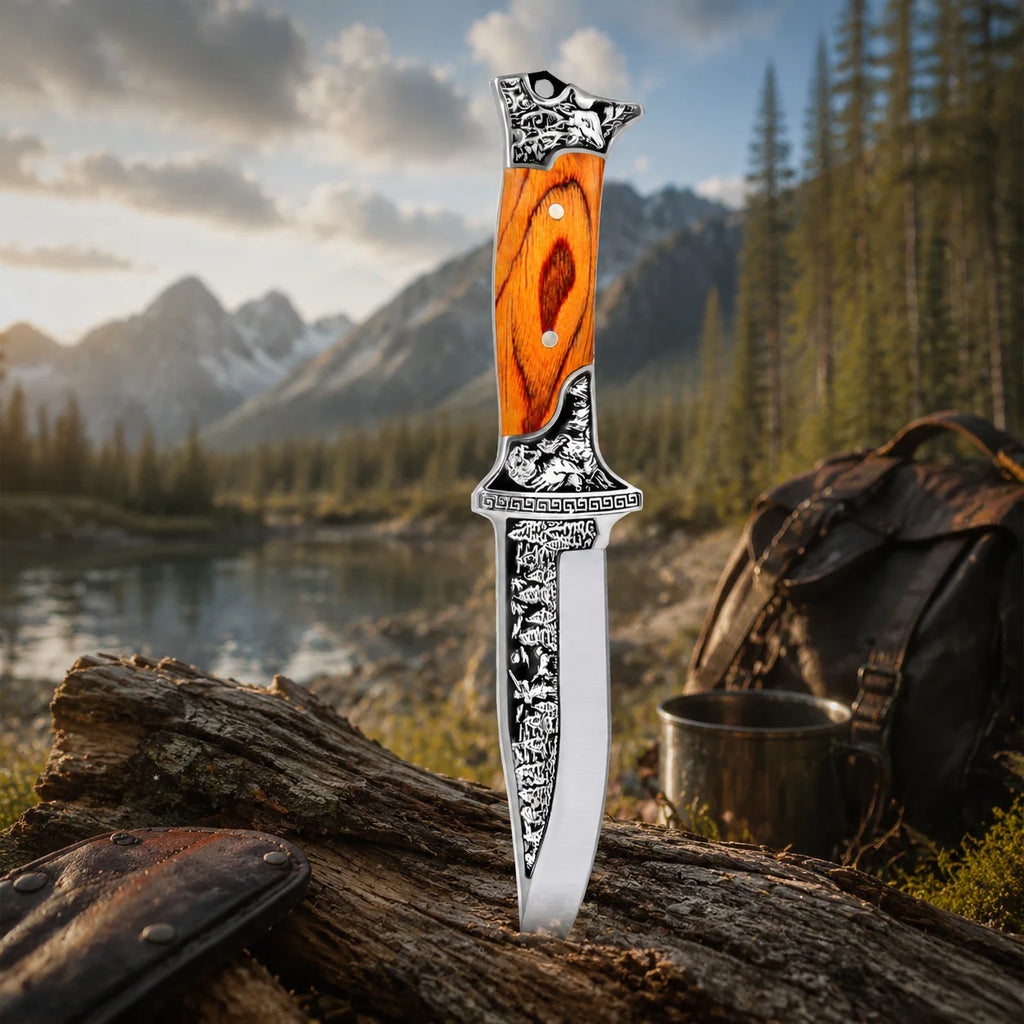 Wood Handle Fixed Blade Utility Knife with Protective Sheath Stainless Steel Outdoor Camping Hiking Picnic Daily Use Accessory