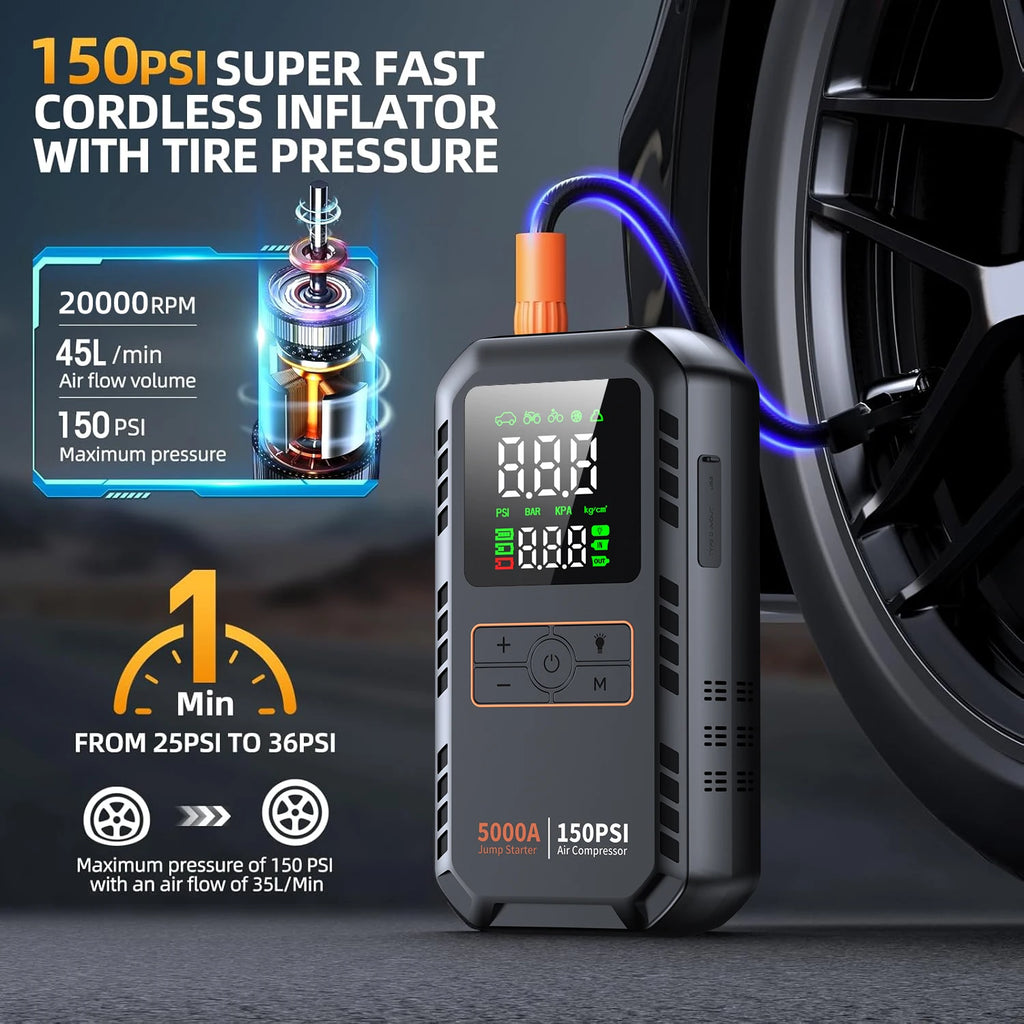 4-IN-1 Car Jump Starter with Air Compressor Peak 5000A Auto Battery Booster 150PSI Air Pump Portable Power Bank Tire Inflator - Macgyverzoutpost
