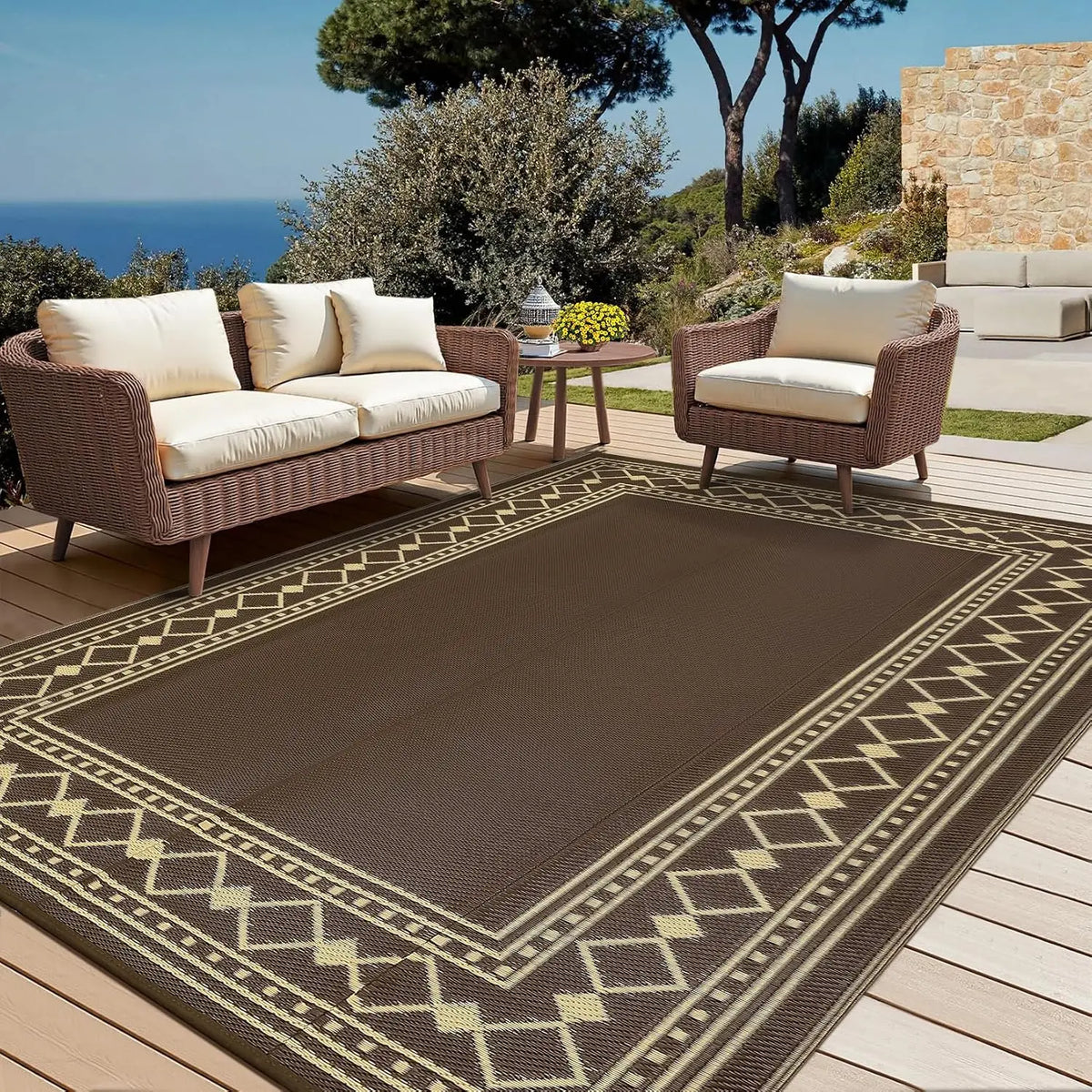 10x20 Reversible Outdoor Rug – Waterproof Plastic Straw Mat, Bordered Geometric Design, Brown/Coffee,