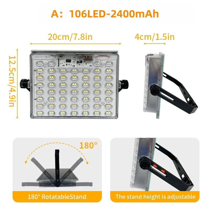 IP66 Waterproof Solar Camping Lantern, 106 LED Beads Rechargeable Hanging Tent Light, 5 Light Modes with Battery Level Indicator, Solar & USB Dual Charging Emergency Lamp for Camping, Fishing, Power Outage