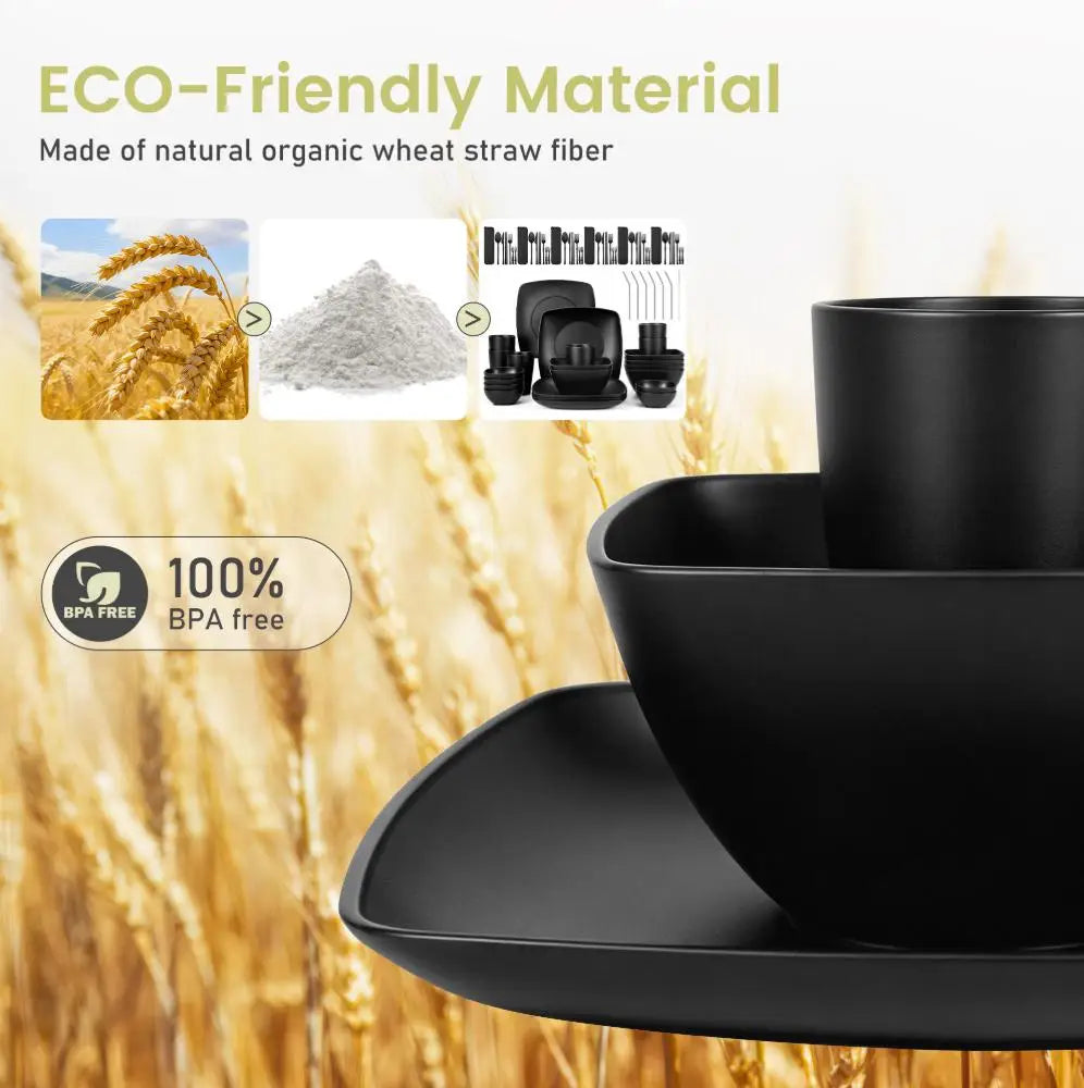 49Pcs Eco-Friendly Wheat Straw Dinnerware Set for 4 Unbreakable Plates Bowls Cutlery Lightweight Reusable Tableware Portable Outdoor Picnic Travel Camping Kitchen Microwave Safe