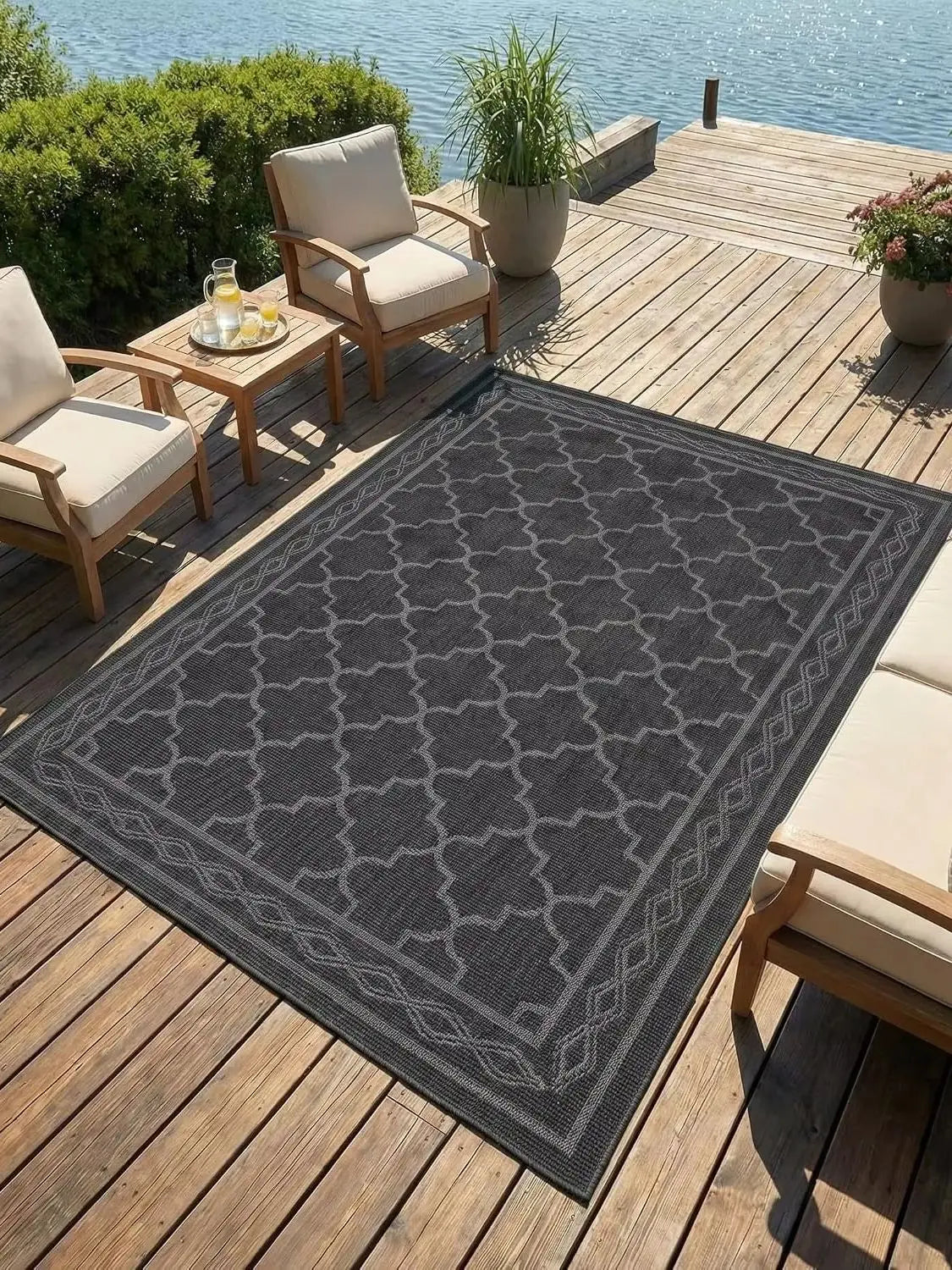 9x18 Reversible Outdoor Area Rug – Waterproof Lightweight Plastic Mat for  Camper & Backyard, Black/Grey