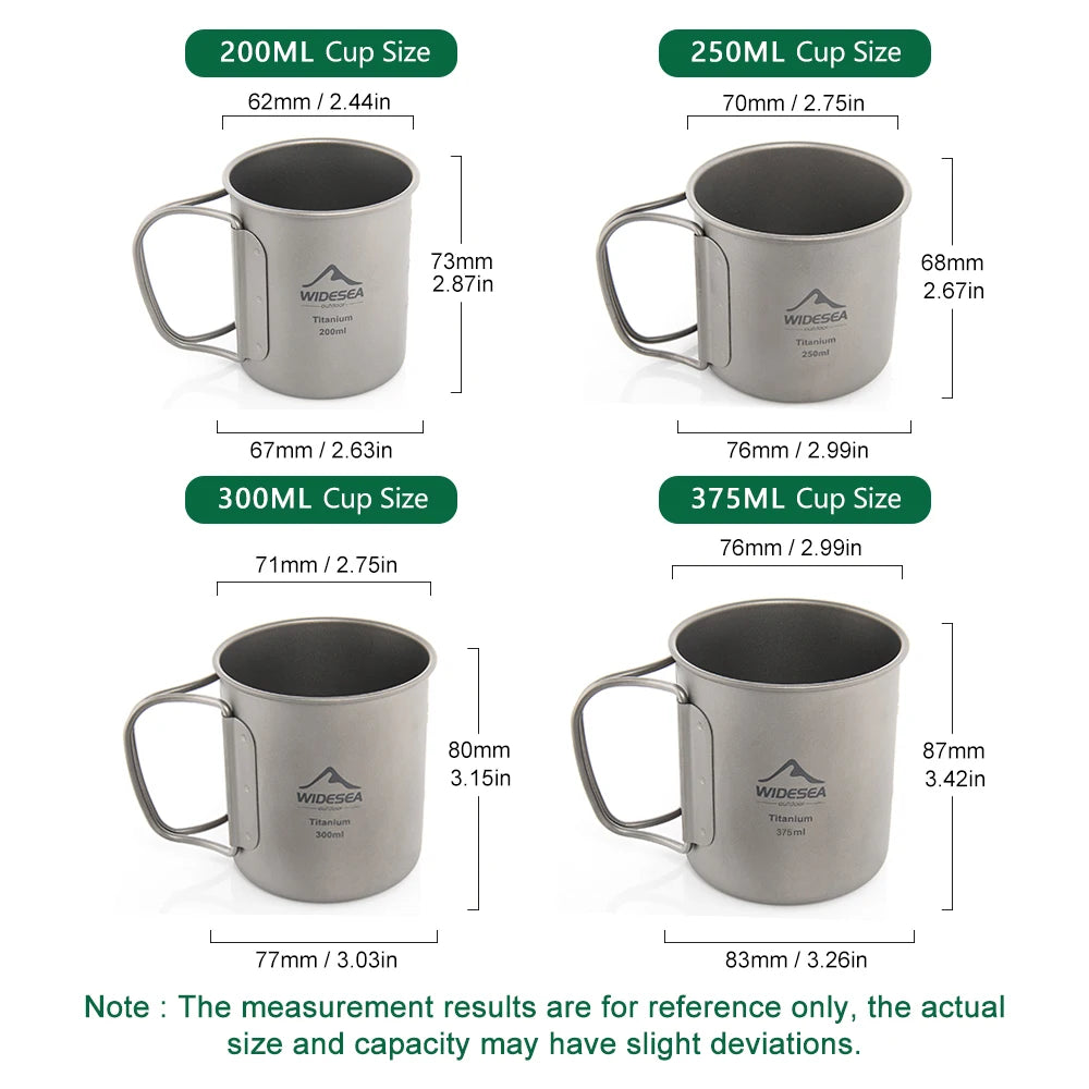 Widesea Ultralight Pure Titanium Camping Cup with Foldable Handle Multiple Capacity Portable Outdoor Mug for Hiking Backpacking