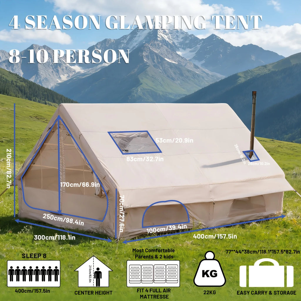 Inflatable Camping Tent for 4-8 People- Quick SetupBlow-Up Tent, 4-Season Versatile, Waterproof PortableOutdoor Tent with Stove outlet