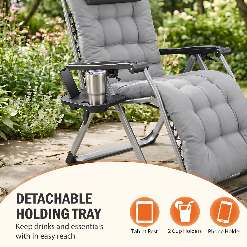 JHK Zero Gravity Reclining Camping Lounge Chair for Outdoor Soft Cushion Patio Chairs with Cup Holder Trays and Removable Cushion Folding Recliner