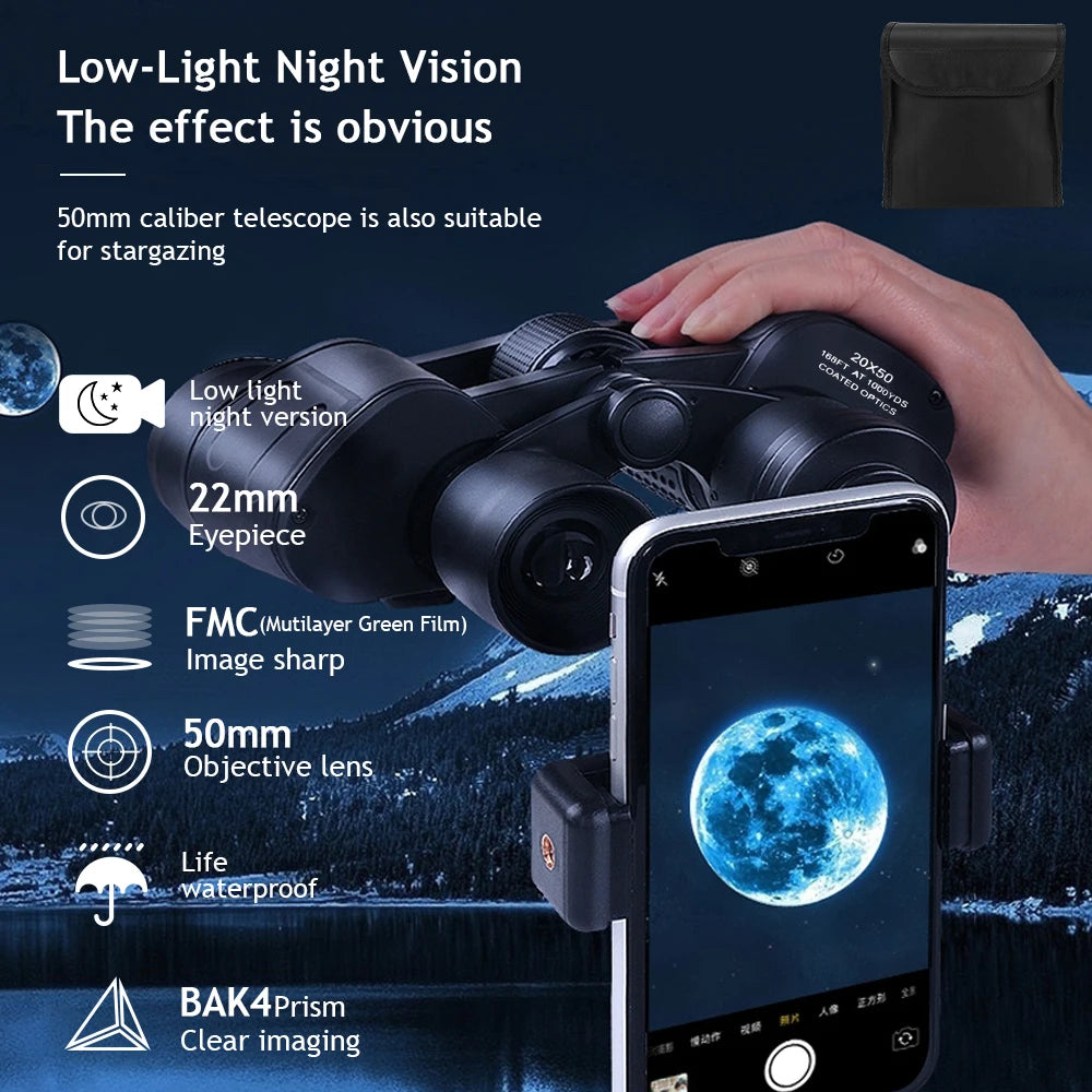 20X50 HD Binoculars BAK4 Prism FMC Green Film Low Light Night Vision Waterproof Portable Telescope with Tripod Interface for Bird Watching Hunting Stargazing Travel - Macgyverzoutpost