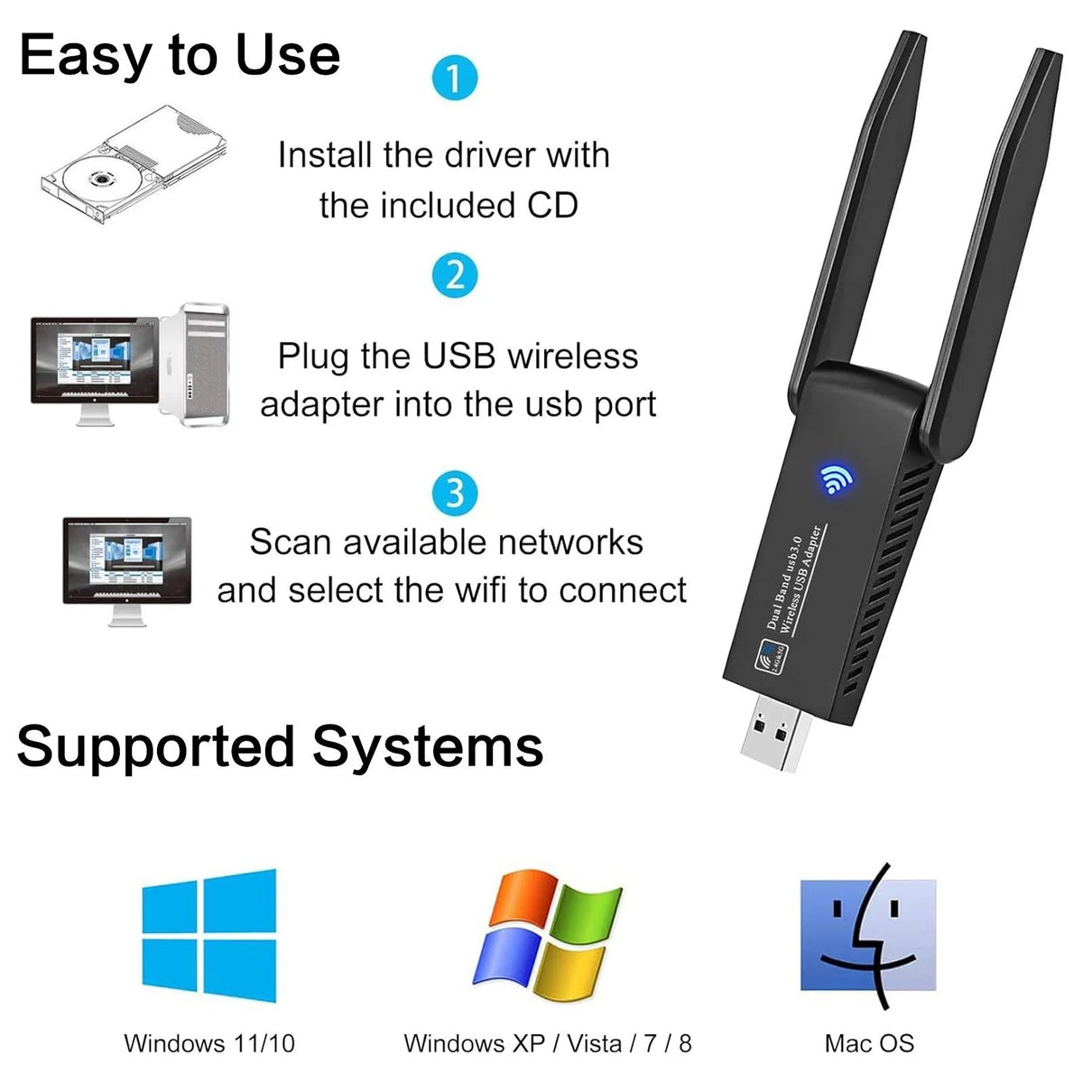 1300Mbps USB 3 0 WiFi Adapter Dual Band 5GHz 2 4GHz High Gain Antenna Long Range Wireless Network Card WiFi Dongle for PC Laptop Desktop Windows 11 10 8 7 Vista XP Compatible with AC1300 802 11ac Internet Receiver