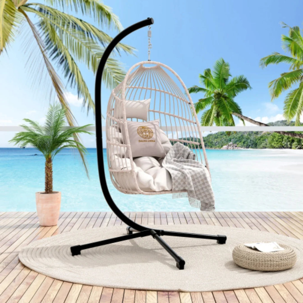 Outdoor Egg Chair with Stand, 350 Lbs Wicker Patio Hanging Chair, Folding Swing Hammock Chair with Cushion