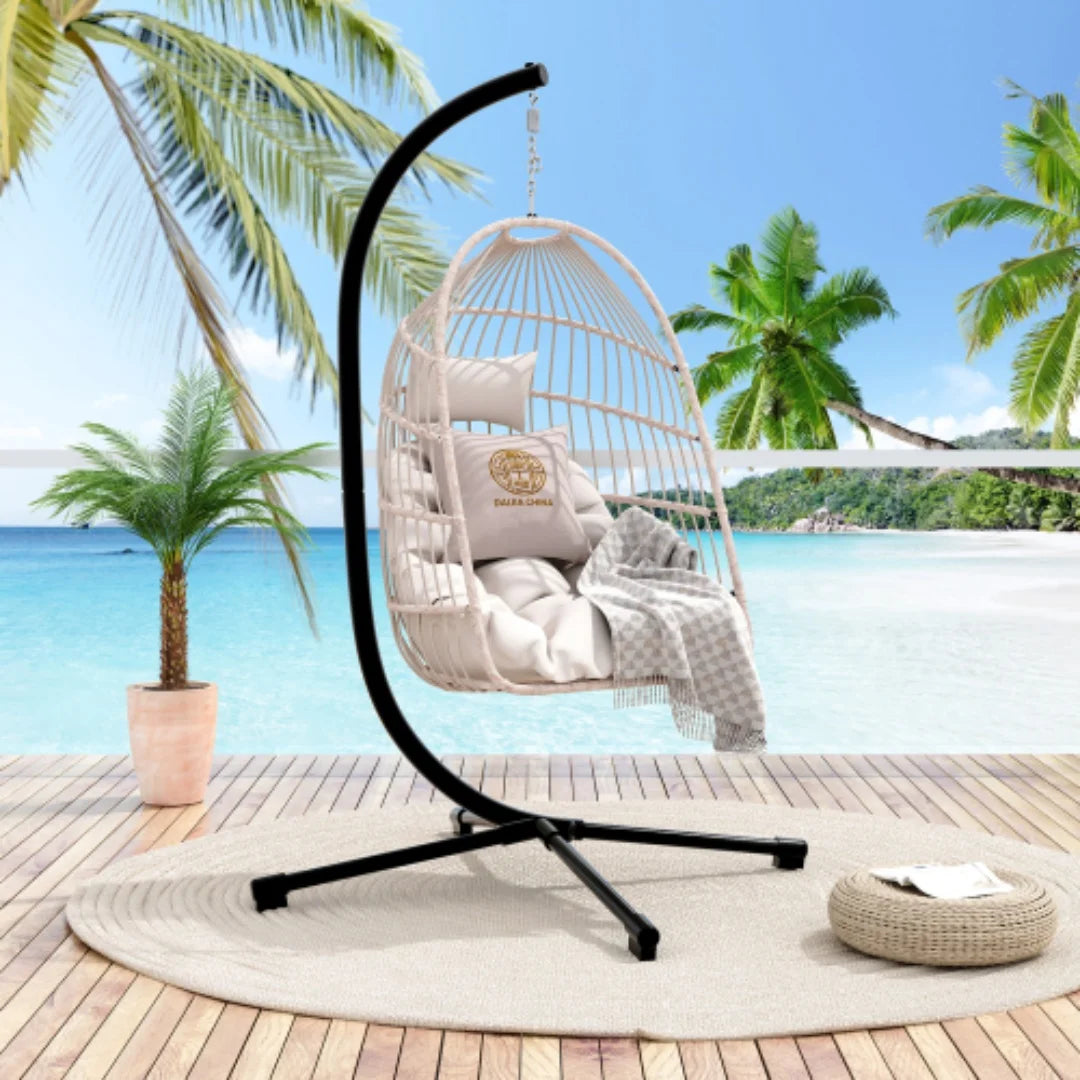 Outdoor Egg Chair with Stand, 350 Lbs Wicker Patio Hanging Chair, Folding Swing Hammock Chair with Cushion