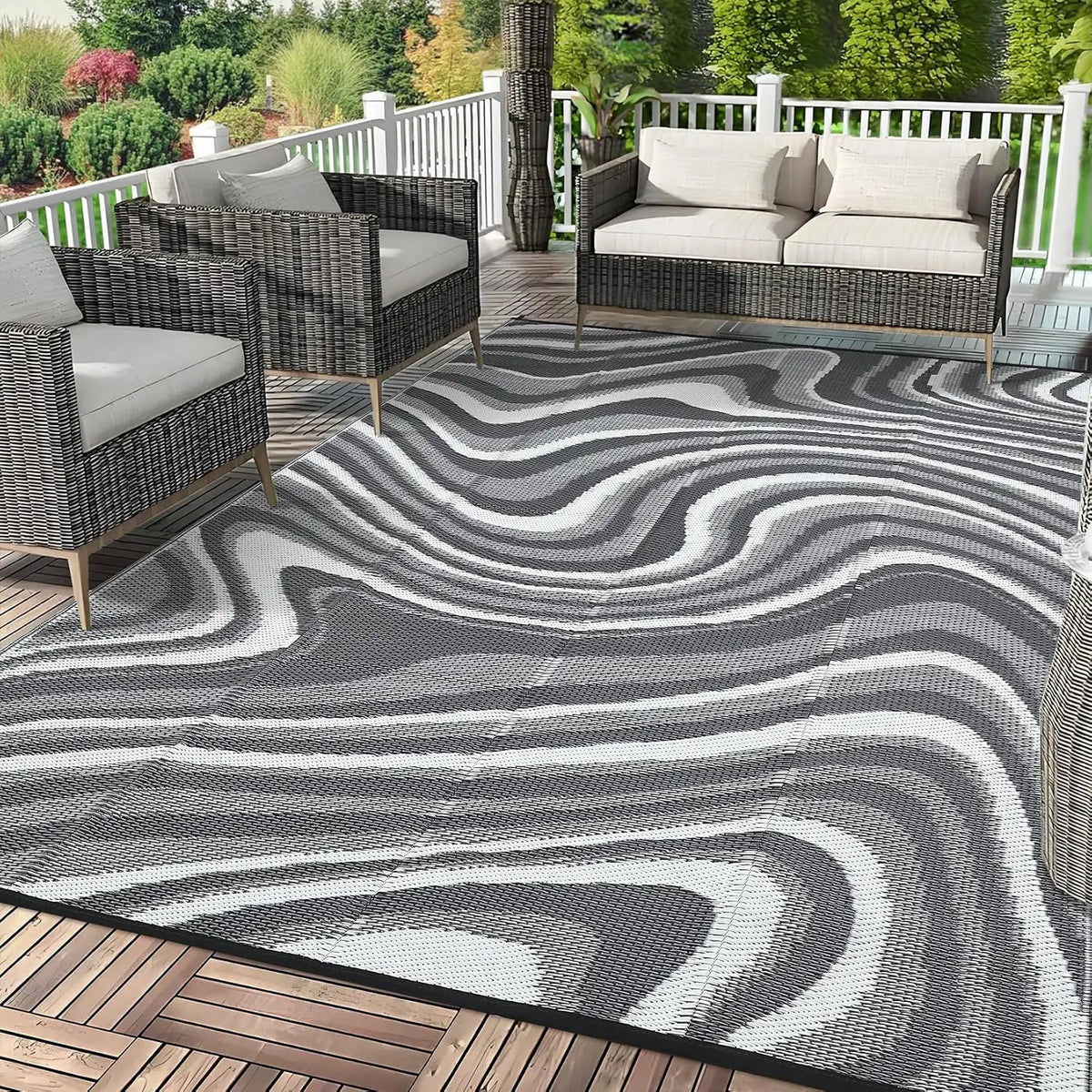 Garvee Waterproof Outdoor Rug 10x14ft Abstract Outdoor Camping Rug with Portable Bag Large Reversible Plastic Straw Foldable Lightweight
