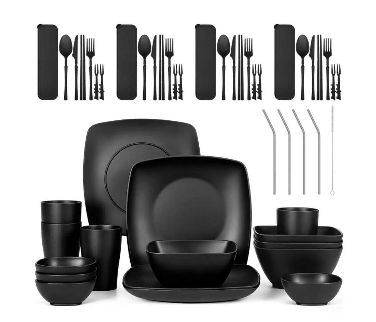 49Pcs Eco-Friendly Wheat Straw Dinnerware Set for 4 Unbreakable Plates Bowls Cutlery Lightweight Reusable Tableware Portable Outdoor Picnic Travel Camping Kitchen Microwave Safe