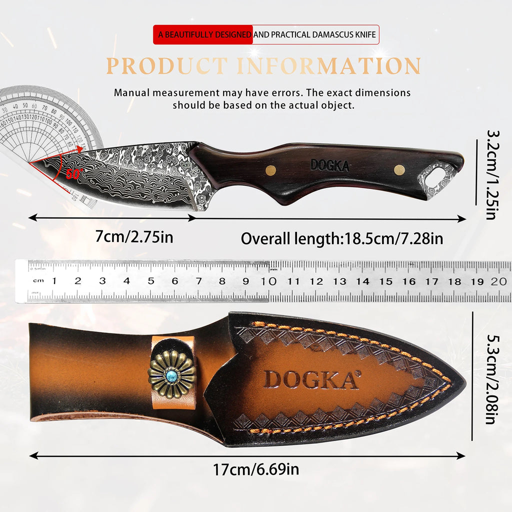 Damascus Pattern Fixed Blade Utility Knife with Solid Wood Handle Portable Outdoor Camping Picnic Cutting EDC Gear with Handmade Leather Sheath 2 Styles