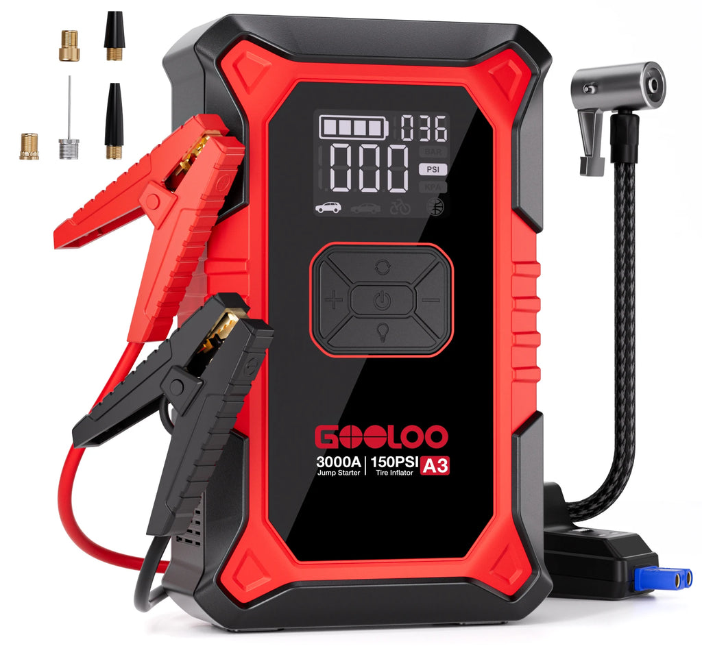 GOOLOO A3 Jump Starter with Air Compressor, 3000A Portable Car Battery Booster (9.0 Gas/6.5L Diesel) with 150PSI Auto-Shutoff - Macgyverzoutpost