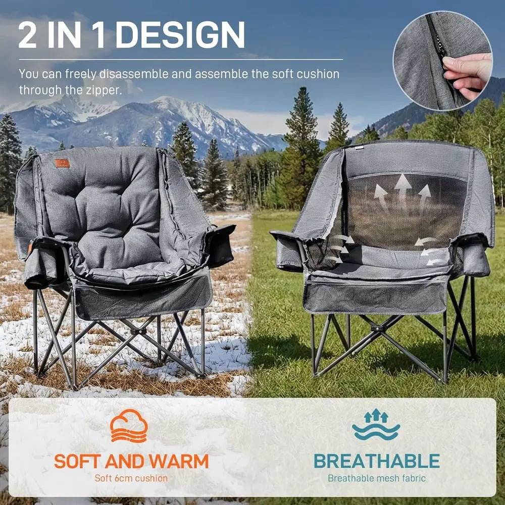Durable 2-Piece Camping Chairs with Detachable Cushions, Supporting Up to 400lbs, Grey