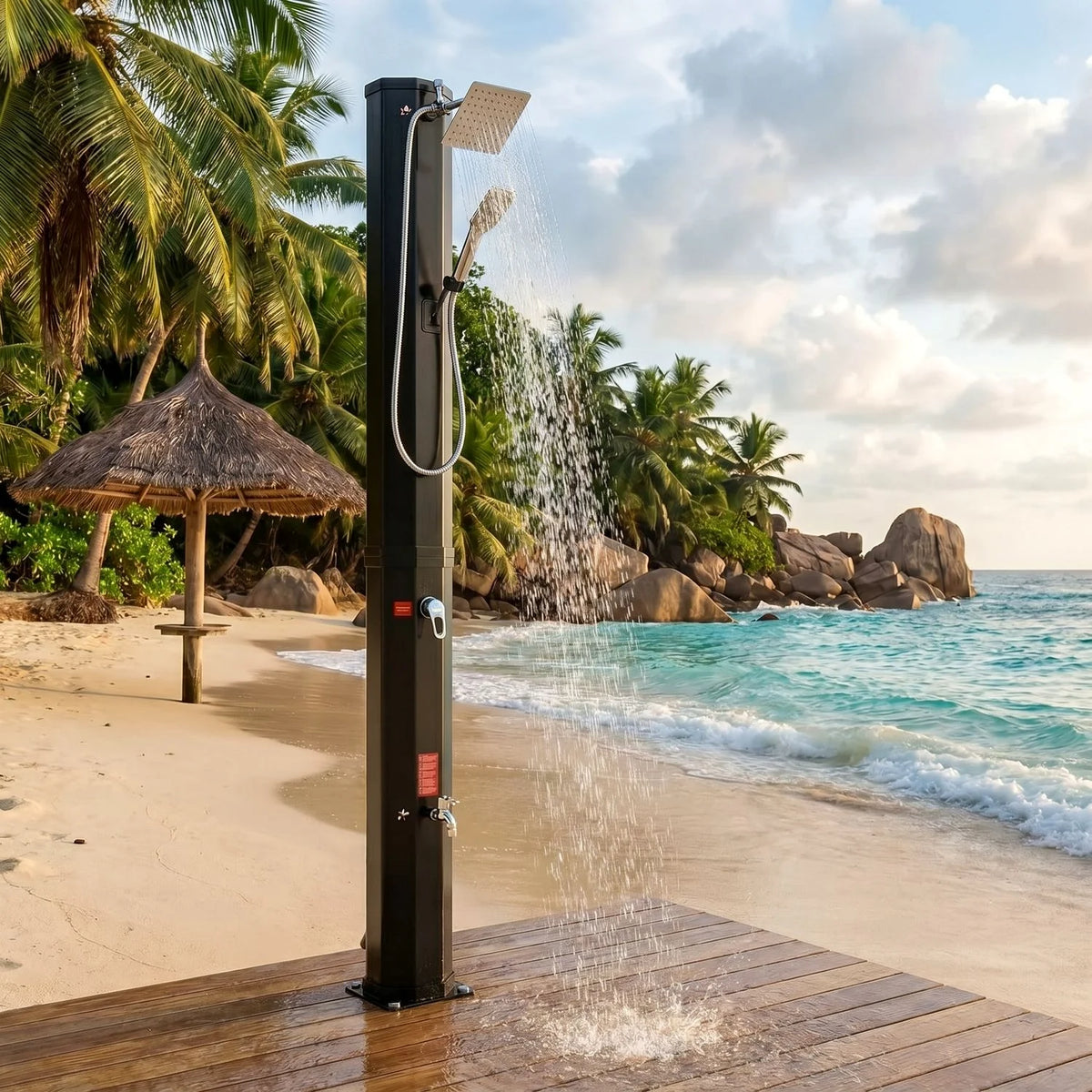 Solar Heated Shower,Outdoor PVC Freestanding Shower with 360 Rotating Rainfall,Handheld Head,Temperature Adjustment,Foot Faucet