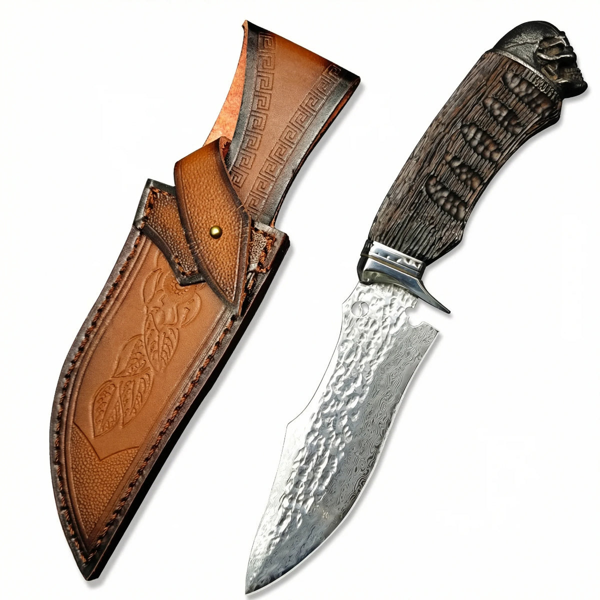 5Cr Stainless Steel Fixed Blade Outdoor Utility Knife, Damascus-Style Pattern, Mirror or Hammered Finish with Protective Sheath