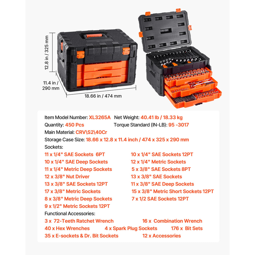 SucceBuy Mechanics Tool Set and Socket Set 450 Pcs 1/4 3/8 1/2 inch Drive Deep and Standard Sockets w/ Bits Wrenches Accessories