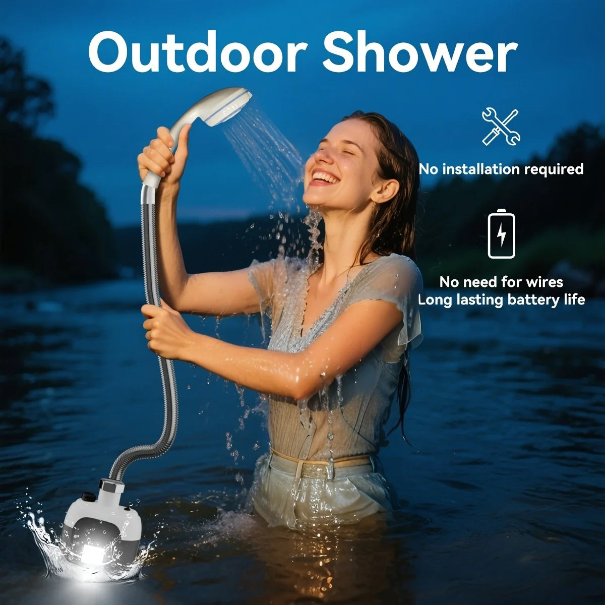 2-in-1 Outdoor Portable Shower, handheld pump with filter, hose, nozzle, suction cup, hook and USB cable,