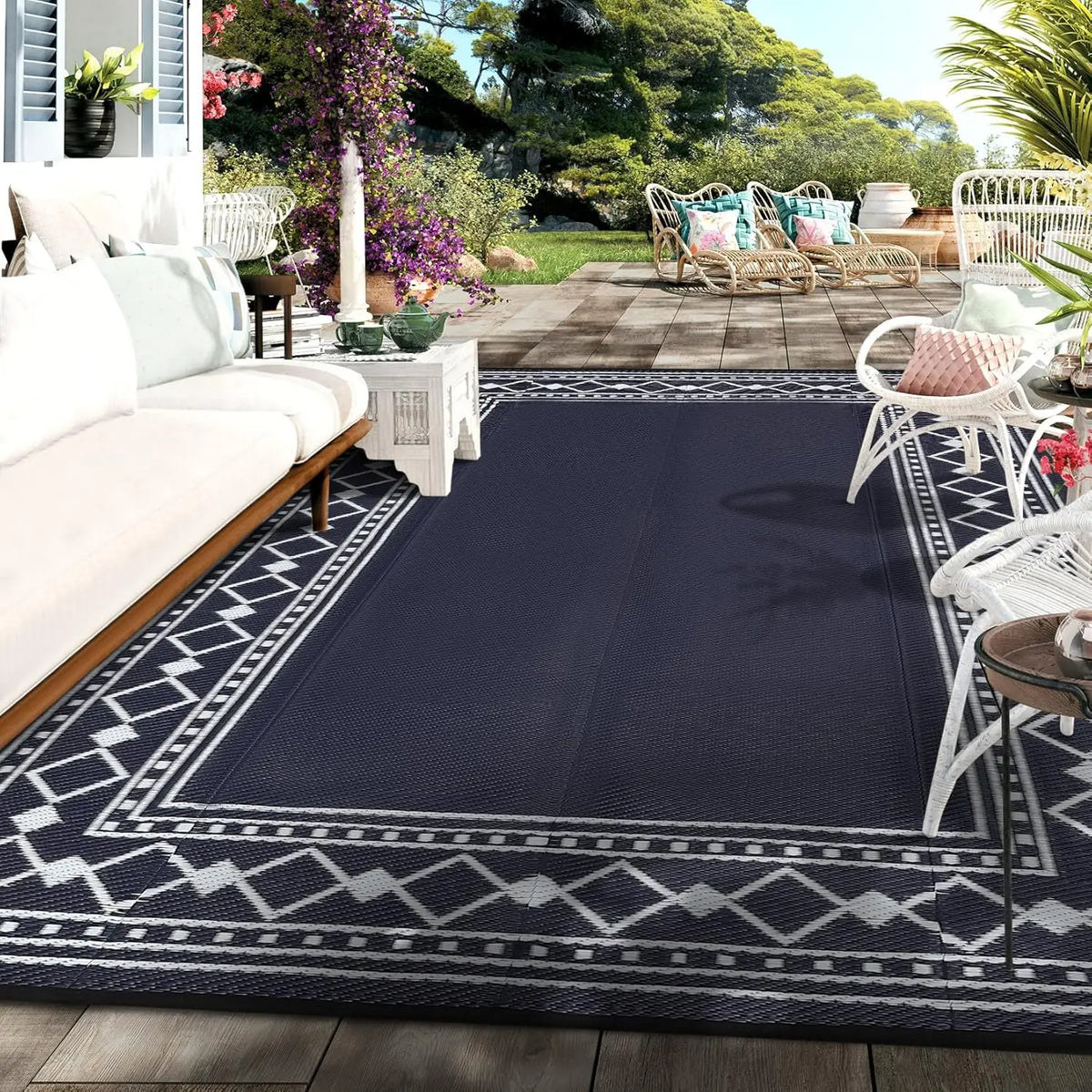 10x20 Large Outdoor Patio Rug – Diamond Border Plastic Straw Rug, Waterproof, Foldable, UV Resistant, Reversible Camping Mat for Deck,